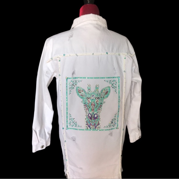 Giraffe Bling Oversized Distressed White Denim Midi Jacket - Picture 1 of 13